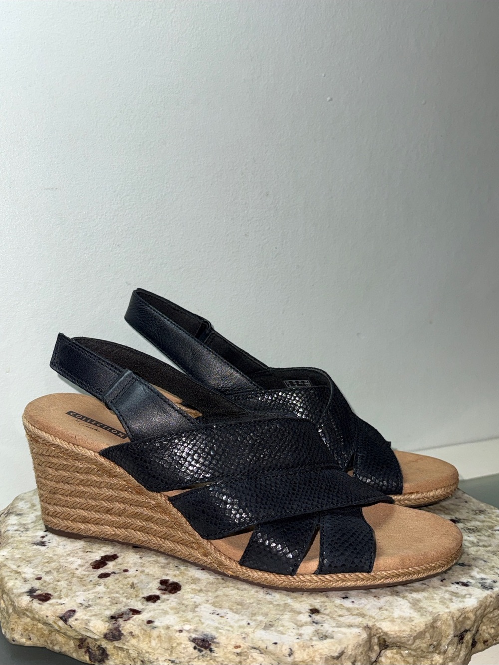 Clarks Lafley Krissy Espadrille Black Leather Wedge Sandal Slingback Sz 10